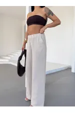 Kadın Krem Beli Lastikli Müslin Kumaş Bol Paça Pantolon HZL25S-DSB12221
