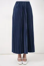 8009 Deri Görünümlü Piliseli Etek - Lacivert