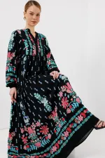 Robe hijab à motifs authentiques 2423 - Noir - Menthe
