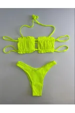 Women's Neon Green String-Tied Gathered Strapless Bikini Set HZL25S-LC2226