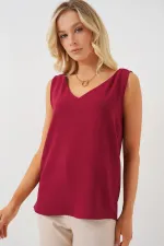 V-Neck Zero Sleeve Blouse 950 - Claret Red