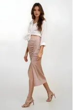 Kadın Bej Beli Lastikli Yırtmaçlı Uzun Etek HZL22S-BD118801