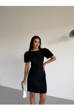Women's Black Boat Neck Welt Pocket Short Sleeve Mini Dress HZL26S-FRY123891 Women's Black Boat Neck Welt Pocket Short Sleeve Mini Dress HZL26S-FRY123891