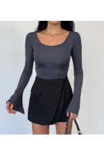 Kadın Antrasit Uzun Kollu Arkası Bağlamalı Fit Kesim Crop Bluz HZL25W-FRY122771