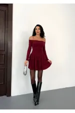 Women's Burgundy Strapless Neckline Layered Skirt Detail Mini Dress HZL25W-FRY123581