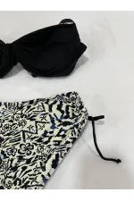 Kadın Siyah Taş İşlemeli Bej Desenli Astarlı Büyük Beden Bikini Takımı HZL25S-LC3351