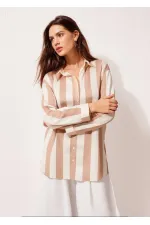 Kadın Bej Krem Çizgili Saten Gömlek HZL23S-BD1201731