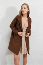 Manteau élégant en cachemire doublé, couleur chocolat, à un bouton et double poche, pour femme HZL23W-BD190851