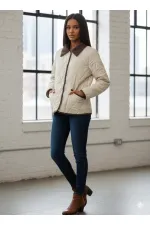 Manteau matelassé en velours crème à fermeture à pression pour femme HZL25W-BD152261