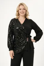 Kadın Siyah Büyük Beden Payet Detaylı Pantolon Bluz Abiye Takım HZL26W-PR10011