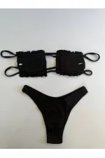 Women's Black String-Tied Gathered Strapless Bikini Set HZL25S-LC2226