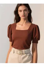 Kadın Kahverengi Kare Yaka Örme Bluz HZL22W-BD104091