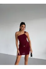 Women's Burgundy One-Shoulder Sandy Mini Dress with Gold Accessories HZL26W-FRY123781