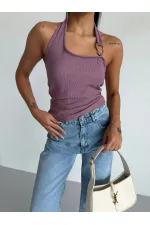 Kadın Lila Ottoman Kumaş Halter Yaka Toka Detay Bluz HZL26W-FRY123321