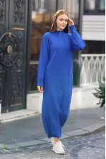 Robe longue en maille côtelée bleu saxon pour femme, col zippé, HZL24W-BD1102271