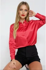 Kadın Kırmızı Hafif Dökümlü Saten Yüzeyli Gömlek HZL22W-BD139641