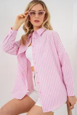 Kadın Çizgili Oversize Gömlek 20332 - Pudra