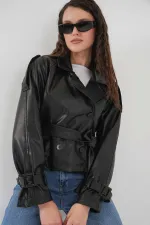 Veste en similicuir doublée noire avec ceinture pour femme HZL25W-BD110461