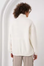 Kadın Ekru Krem Baskılı Fermuarlı Suni Yünlü Astarlı Peluş Ceket HZL25W-BD151941