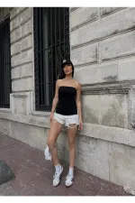 Kadın Siyah Yanı Büzgülü Çift Yırtmaçlı Straplez Bluz HZL24S-ZK13091