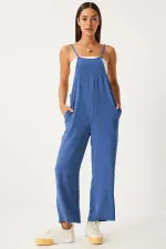 Women's Indigo Blue Adjustable Strap Wide Leg Overalls with Pockets HZL22S-BD170191