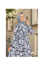 Kadın Lacivert Desenli Hakim Yaka Yazlık Uzun Elbise HZL25W-BD122971