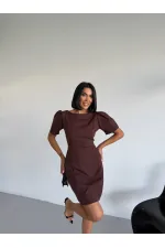 Women's Brown Boat Neck Welt Pocket Short Sleeve Mini Dress HZL26S-FRY123891 Women's Brown Boat Neck Welt Pocket Short Sleeve Mini Dress HZL26S-FRY123891