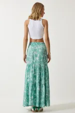 Kadın Yeşil Çiçek Desenli Beli Lastikli Volanlı Uzun Viskon Etek HZL24S-BD180071
