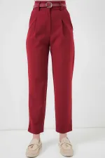 Kadın Bordo Yüksel Bel Kemerli Kumaş Pantolon HZL25S-BD167251