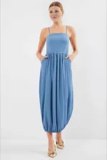 Kadın Mavi Ayarlanabilir Askılı Paçası Lastikli Slopet Elbise HZL24S-BD124921