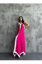 Kadın Pembe Beyaz Detaylı Asimetrik Kesim V Yaka Ayarlanabilir İp Askılı Elbise HZL24S-MJ113041