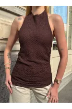 Kadın Kahverengi Boyundan Bağlamalı Gofre Kumaş Bluz HZL25S-ZK13631