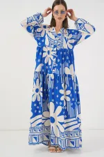 Kadın Desenli Uzun Tesettür Elbise 2585 - Mavi