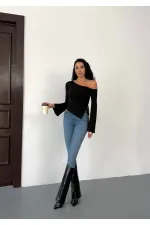 Kadın Siyah Asimetrik Kesim İspanyol Kol Beli Büzgülü Sandy Bluz HZL25W-FRY123591