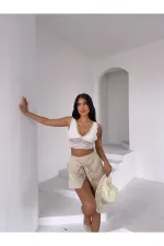 Kadın Bej Bağlama Detay Müslin Şort HZL25S-DSB2323