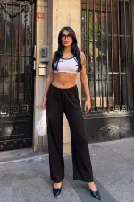 Women's Black Elastic Waist Relaxed Cut Crepe Trousers HZL25S-DSB163631