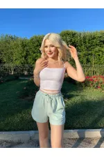 Women's Aqua Green Elastic Waist Slit Detailed Pocket Linen Shorts HZL24S-ZK11071