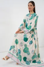 Kadın Desenli Uzun Tesettür Elbise 2585 - Yeşil 1