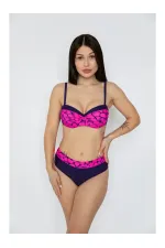 Women's Fuchsia Navy Blue Patterned Lined Bikini Set HZL25S-LC25143