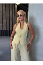 Kadın Sarı Çizgili Önü Fermuarlı Bluz Pantolon İkili Takım HZL25S-ZK13691