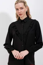 Kadın Siyah Fırfır Detaylı Uzun Kollu Şık Gömlek HZL25W-BD1202231