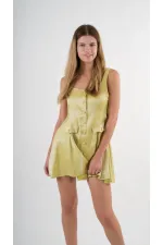 Women's Pistachio Green Straped Front Buttoned Pocket Elastic Waist Shorts Dress HZL24S-YY197