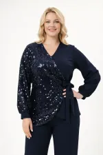 Kadın Lacivert Büyük Beden Payet Detaylı Pantolon Bluz Abiye Takım HZL26W-PR10011