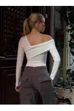 Kadın Beyaz Tek Omuz Asimetrik Kesim Bodysuit HZL25W-ZK11521