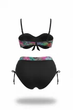 Women's Black Multicolored Patterned Lined Plus Size Bikini Set HZL25S-LC03