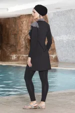 Kadın Tesettür Siyah Uzun Kollu Boneli Tam Kapalı Önü Fırfırlı Taytlı Elbise Mayo HZL24S-AR1262-01