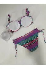 Kadın Fuşya Çok Renkli Etnik Desen Atarlı Bikini Takımı HZL25S-LC8004