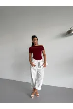 Kadın Bordo Tek Omuz Transparan Tül Detaylı Şık Sandy Bluz HZL26S-FRY123871