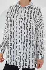 Women's Black and White Patterned Oversize Satin Shirt 3985
