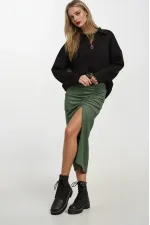 Kadın Zümrüt Yeşili Beli Lastikli Yırtmaçlı Uzun Etek HZL22S-BD118801